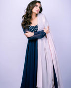 Jyoti Fashion Women's Navy Blue Faux Blooming Thread Embroidery Partywear Anarkali Dress with Dupatta | Grocsy