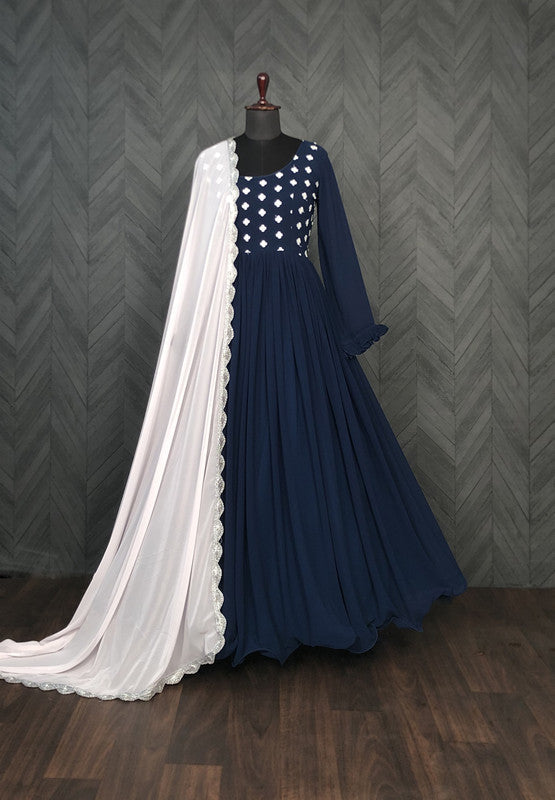 Jyoti Fashion Women's Navy Blue Faux Blooming Thread Embroidery Partywear Anarkali Dress with Dupatta | Grocsy