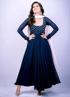 Jyoti Fashion Women's Navy Blue Faux Blooming Thread Embroidery Partywear Anarkali Dress with Dupatta | Grocsy