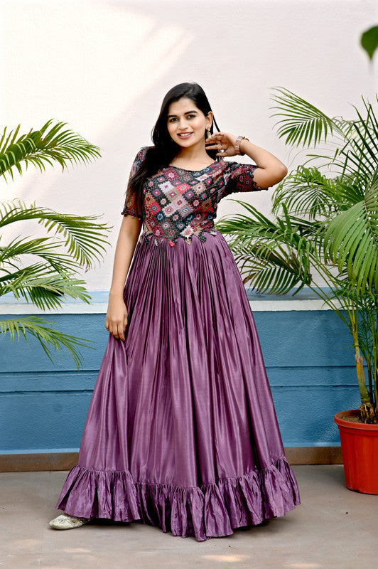 Jyoti Fashion Women's Purple Sequins Work Chinon Partywear Anarkali Dress | Grocsy