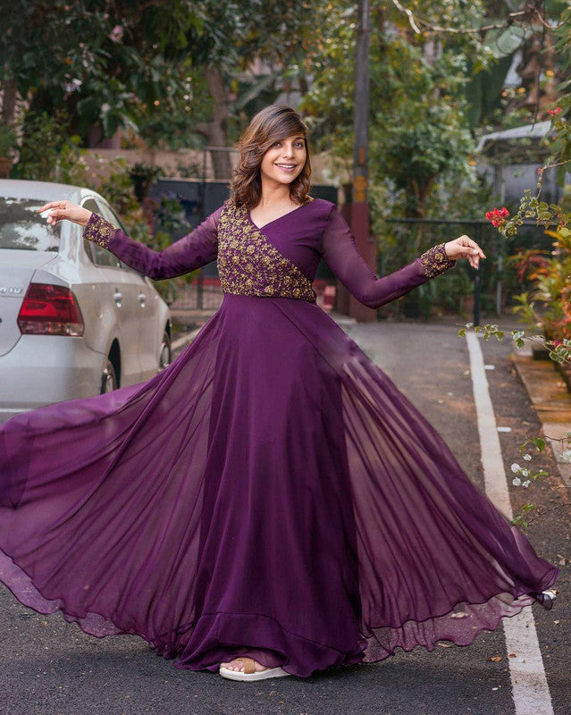 Jyoti Fashion Women's Wine Faux Blooming Sequins Embroidered Partywear Anarkali Dress | Grocsy