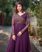 Jyoti Fashion Women's Wine Faux Blooming Sequins Embroidered Partywear Anarkali Dress | Grocsy