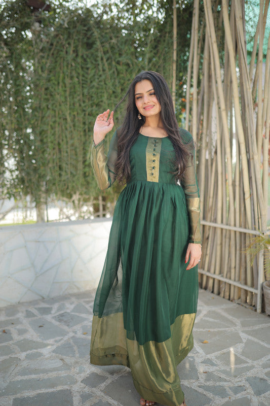 Jyoti Fashion Women's Green Chiffon Zari Woven Festive Anarkali Dress | Grocsy
