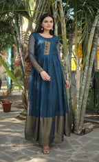 Jyoti Fashion Women's Blue Chiffon Zari Woven Festive Anarkali Dress | Grocsy
