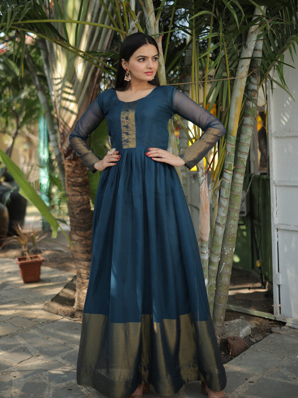 Jyoti Fashion Women's Blue Chiffon Zari Woven Festive Anarkali Dress | Grocsy