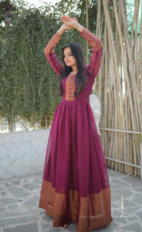 Jyoti Fashion Women's Wine Chiffon Zari Woven Festive Anarkali Dress | Grocsy