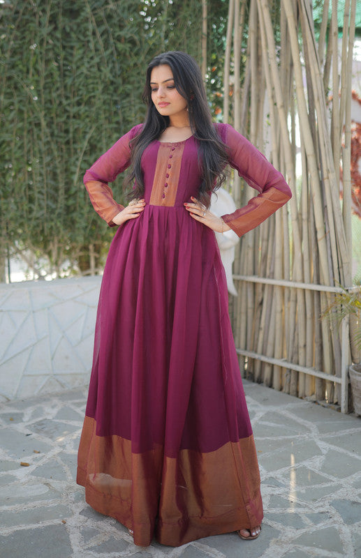 Jyoti Fashion Women's Wine Chiffon Zari Woven Festive Anarkali Dress | Grocsy