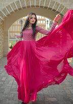 Jyoti Fashion Women's Pink Faux Blooming Sequins with Zari Embroidered Anarkali Dress | Grocsy
