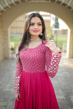 Jyoti Fashion Women's Pink Faux Blooming Sequins with Zari Embroidered Anarkali Dress | Grocsy