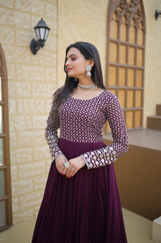 Jyoti Fashion Women's Wine Faux Blooming Sequins with Zari Embroidered Anarkali Dress | Grocsy