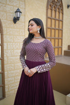 Jyoti Fashion Women's Wine Faux Blooming Sequins with Zari Embroidered Anarkali Dress | Grocsy