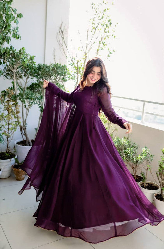 Jyoti Fashion Women's Wine Faux Blooming Sequins Embroidery Partywear Anarkali Dress with Dupatta | Grocsy