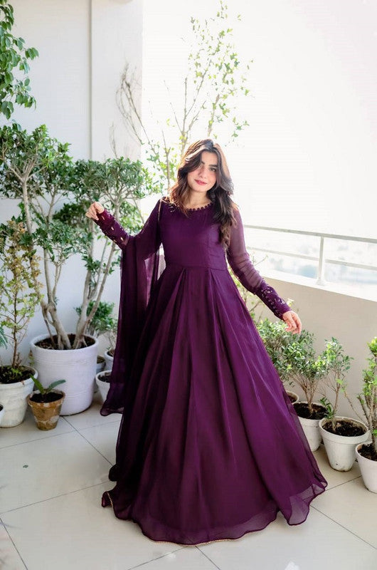 Jyoti Fashion Women's Wine Faux Blooming Sequins Embroidery Partywear Anarkali Dress with Dupatta | Grocsy