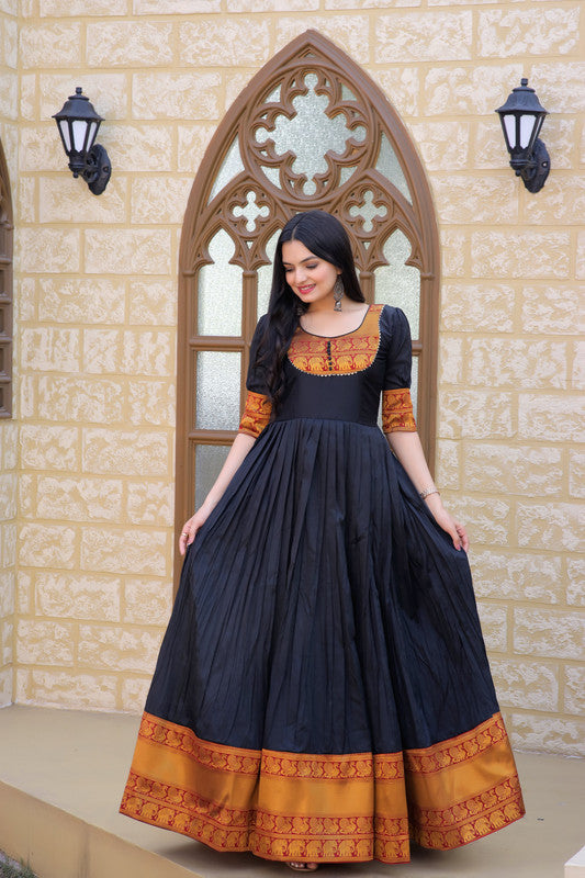 Jyoti Fashion Women's Black Silk Jacquard Weaving Festive Anarkali Dress | Grocsy
