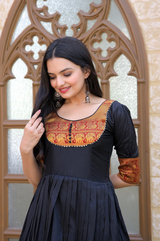 Jyoti Fashion Women's Black Silk Jacquard Weaving Festive Anarkali Dress | Grocsy