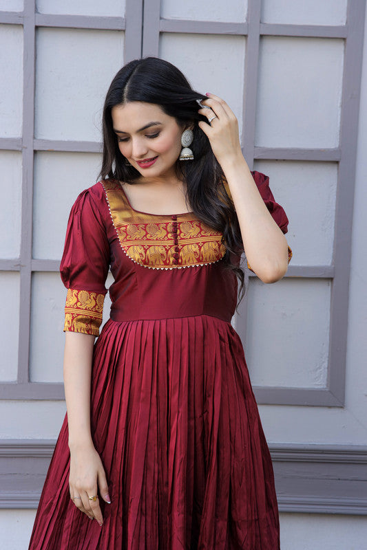 Jyoti Fashion Women's Maroon Silk Jacquard Weaving Festive Anarkali Dress | Grocsy