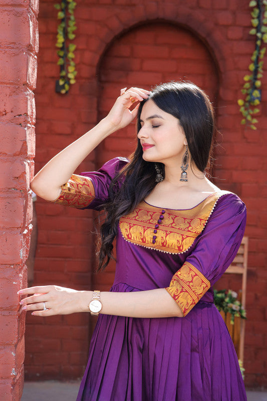 Jyoti Fashion Women's Purple Silk Jacquard Weaving Festive Anarkali Dress | Grocsy
