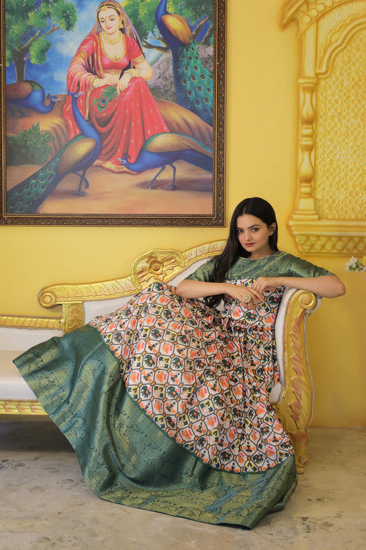 Jyoti Fashion Women's Green Soft Silk Patola Print with Jacquard Weaving Work Anarkali Dress | Grocsy