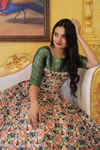Jyoti Fashion Women's Green Soft Silk Patola Print with Jacquard Weaving Work Anarkali Dress | Grocsy