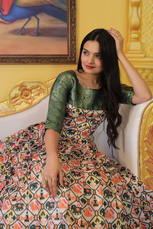 Jyoti Fashion Women's Green Soft Silk Patola Print with Jacquard Weaving Work Anarkali Dress | Grocsy