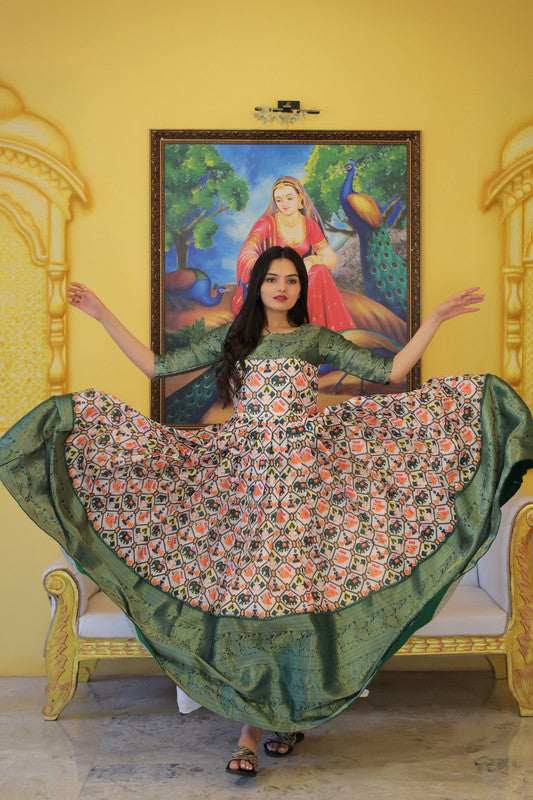 Jyoti Fashion Women's Green Soft Silk Patola Print with Jacquard Weaving Work Anarkali Dress | Grocsy