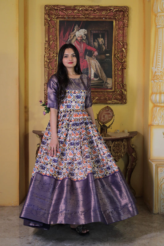 Jyoti Fashion Women's Wine Soft Silk Patola Print with Jacquard Weaving Work Anarkali Dress | Grocsy