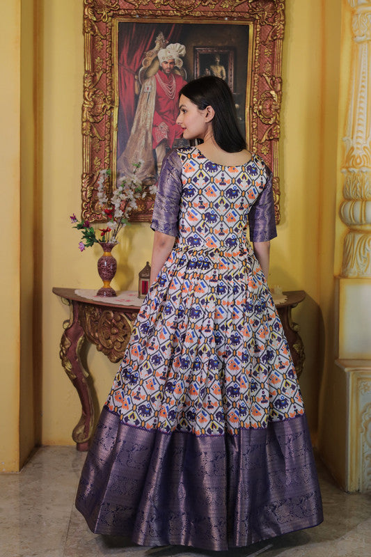 Jyoti Fashion Women's Wine Soft Silk Patola Print with Jacquard Weaving Work Anarkali Dress | Grocsy