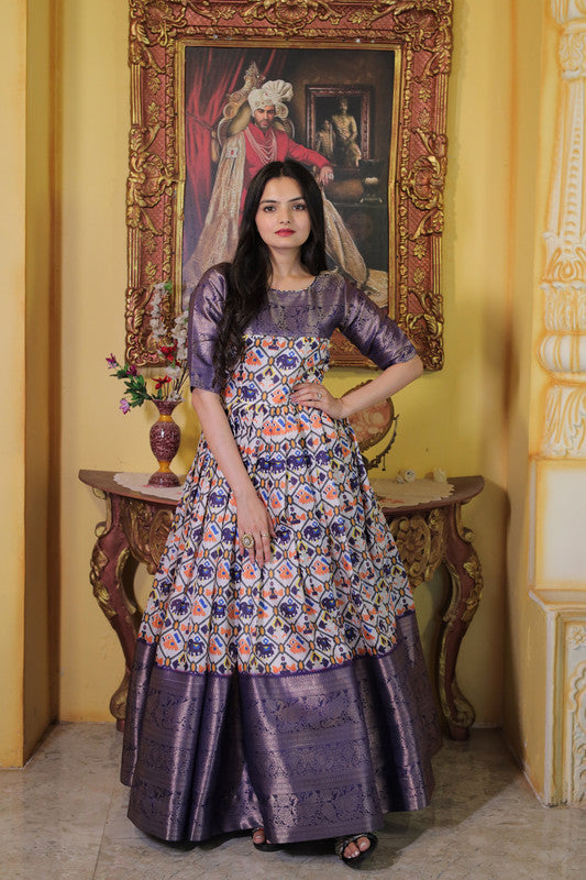 Jyoti Fashion Women's Wine Soft Silk Patola Print with Jacquard Weaving Work Anarkali Dress | Grocsy