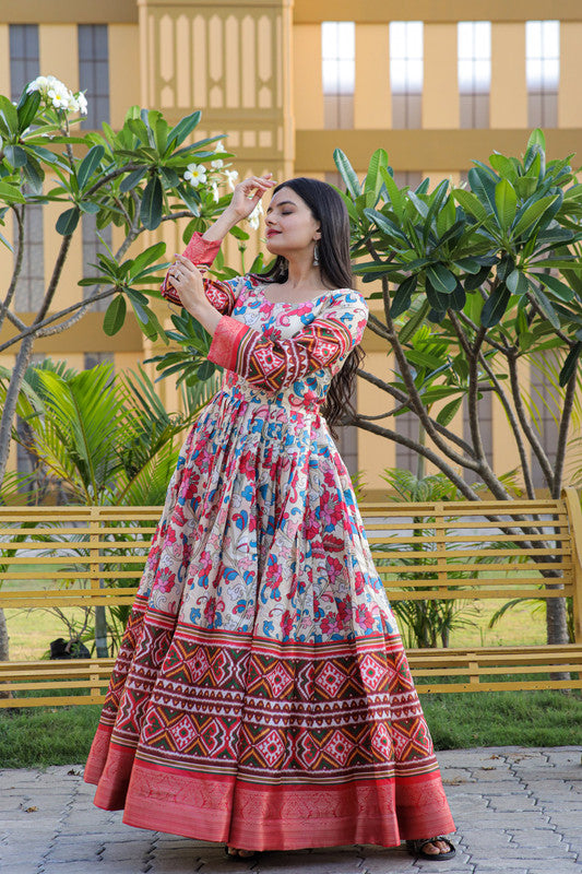 Jyoti Fashion Women's Multicolor Banarasi Silk Kalamkari Print with Jacquard Weaving Anarkali Dress | Grocsy