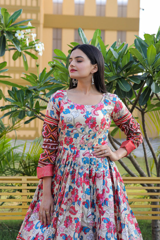 Jyoti Fashion Women's Multicolor Banarasi Silk Kalamkari Print with Jacquard Weaving Anarkali Dress | Grocsy