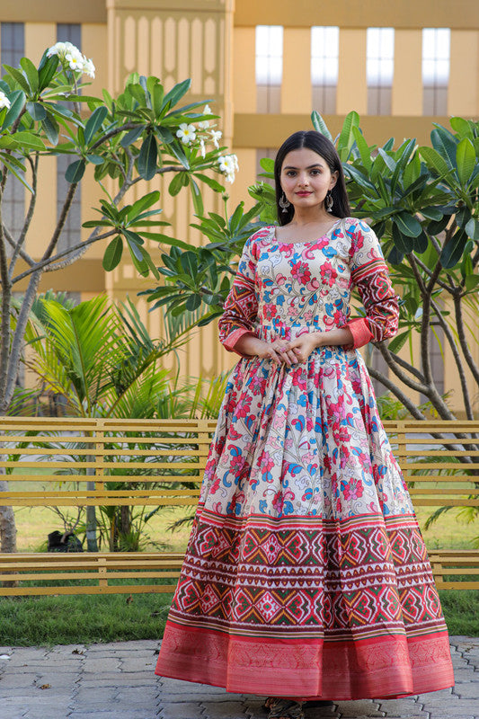 Jyoti Fashion Women's Multicolor Banarasi Silk Kalamkari Print with Jacquard Weaving Anarkali Dress | Grocsy