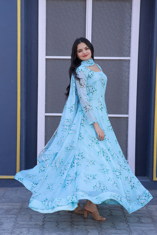 Jyoti Fashion Women's Sky Blue Tabby Silk Floral Printed Anarkali Dress with Dupatta | Grocsy