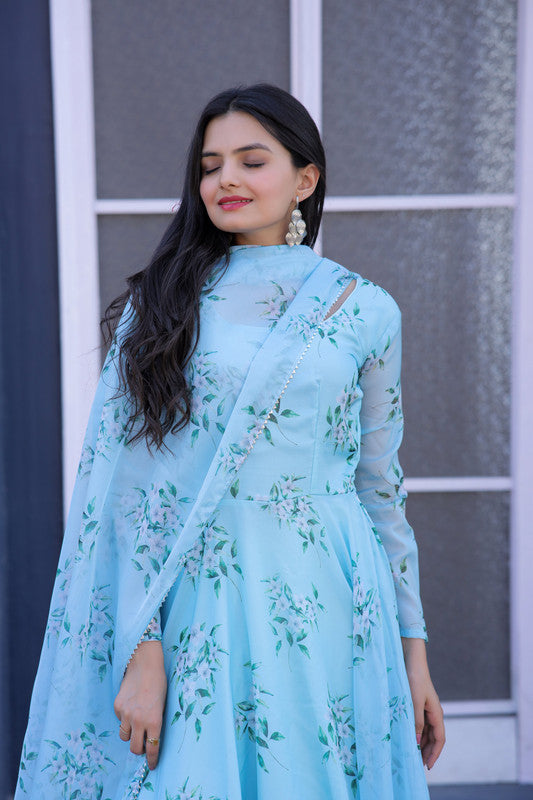 Jyoti Fashion Women's Sky Blue Tabby Silk Floral Printed Anarkali Dress with Dupatta | Grocsy