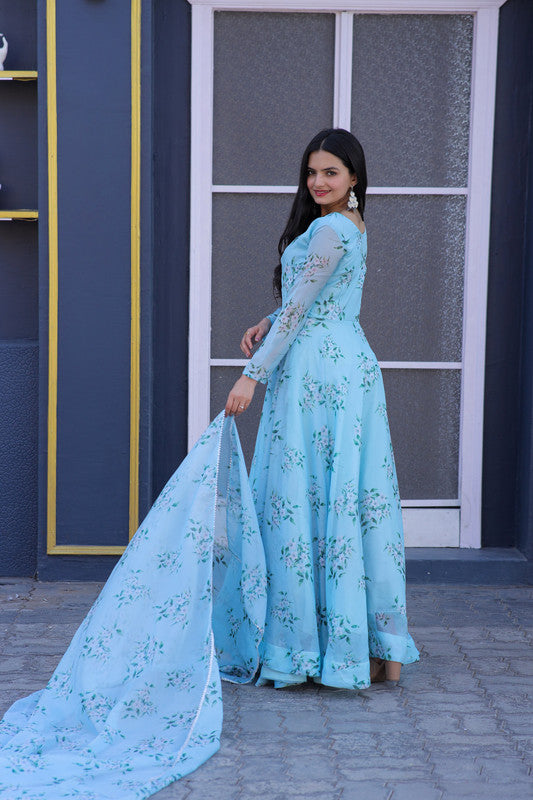 Jyoti Fashion Women's Sky Blue Tabby Silk Floral Printed Anarkali Dress with Dupatta | Grocsy