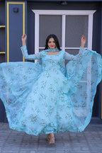 Jyoti Fashion Women's Sky Blue Tabby Silk Floral Printed Anarkali Dress with Dupatta | Grocsy