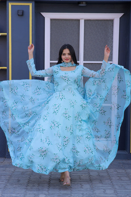 Jyoti Fashion Women's Sky Blue Tabby Silk Floral Printed Anarkali Dress with Dupatta | Grocsy