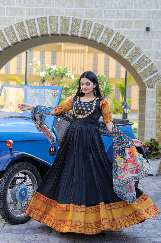 Jyoti Fashion Women's Black Silk Jacquard Weaving with Embroidery Work Anarkali Dress with Dupatta | Grocsy