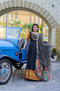 Jyoti Fashion Women's Black Silk Jacquard Weaving with Embroidery Work Anarkali Dress with Dupatta | Grocsy