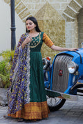 Jyoti Fashion Women's Green Silk Jacquard Weaving with Embroidery Work Anarkali Dress with Dupatta | Grocsy