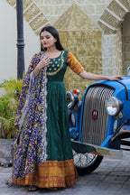 Jyoti Fashion Women's Green Silk Jacquard Weaving with Embroidery Work Anarkali Dress with Dupatta | Grocsy