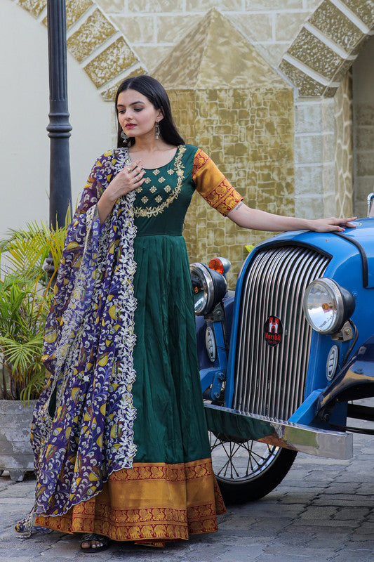 Jyoti Fashion Women's Green Silk Jacquard Weaving with Embroidery Work Anarkali Dress with Dupatta | Grocsy