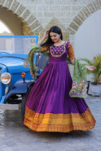 Jyoti Fashion Women's Purple Silk Jacquard Weaving with Embroidery Work Anarkali Dress with Dupatta | Grocsy
