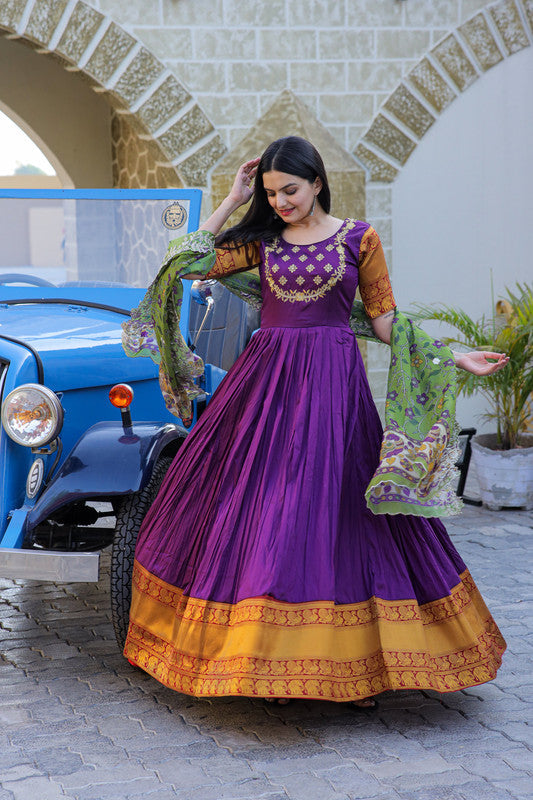 Jyoti Fashion Women's Purple Silk Jacquard Weaving with Embroidery Work Anarkali Dress with Dupatta | Grocsy