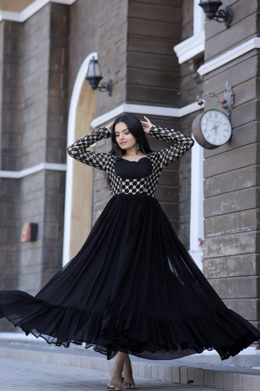 Jyoti Fashion Women's Black Faux Blooming Sequins with Zari Embroidered Anarkali Dress | Grocsy