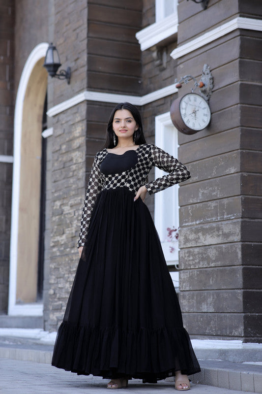 Jyoti Fashion Women's Black Faux Blooming Sequins with Zari Embroidered Anarkali Dress | Grocsy