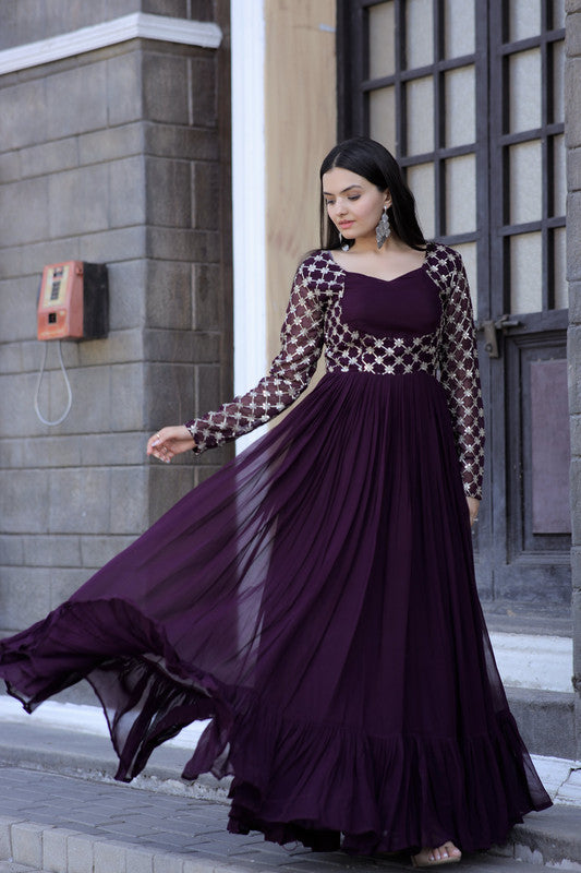 Jyoti Fashion Women's Wine Faux Blooming Sequins with Zari Embroidered Anarkali Dress | Grocsy