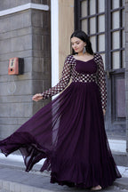 Jyoti Fashion Women's Wine Faux Blooming Sequins with Zari Embroidered Anarkali Dress | Grocsy