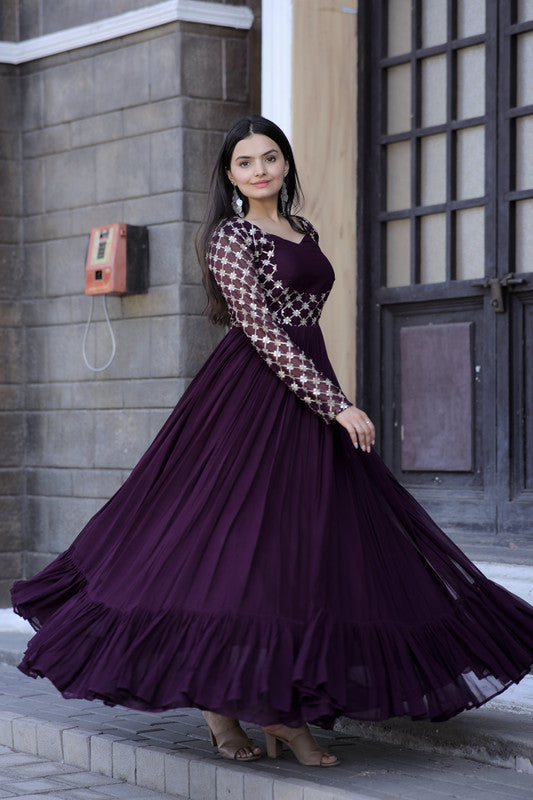 Jyoti Fashion Women's Wine Faux Blooming Sequins with Zari Embroidered Anarkali Dress | Grocsy