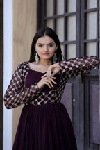 Jyoti Fashion Women's Wine Faux Blooming Sequins with Zari Embroidered Anarkali Dress | Grocsy