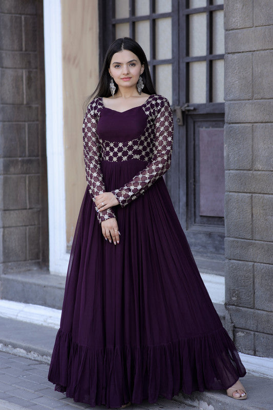 Jyoti Fashion Women's Wine Faux Blooming Sequins with Zari Embroidered Anarkali Dress | Grocsy